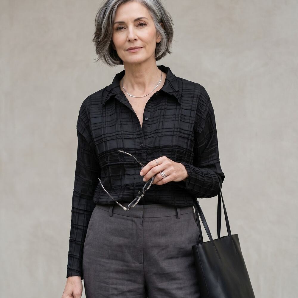 Babette San Francisco Pleated Plisse Crinkle Blouse in Black sz Small